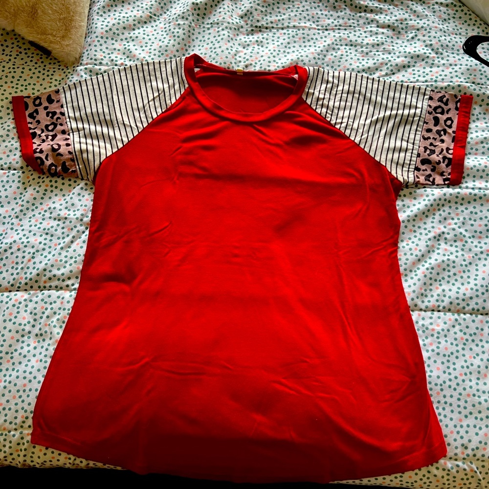 Deep Red,Stripes,and Leopard Print Tee